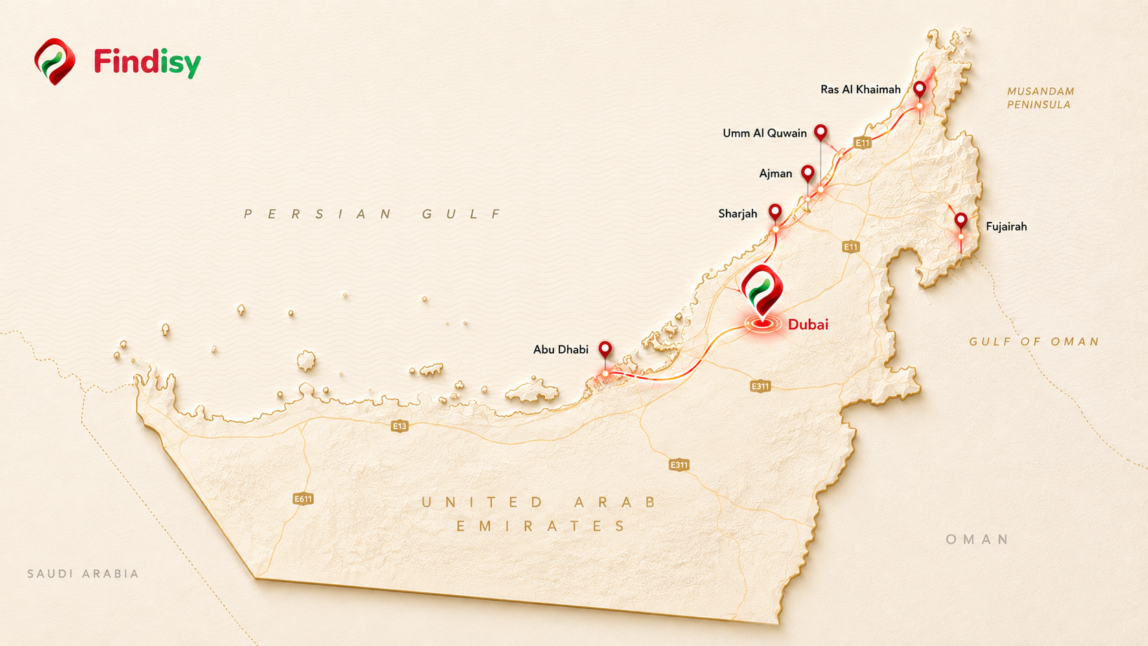 Findisy operates across all 7 Emirates, headquartered in Dubai Silicon Oasis